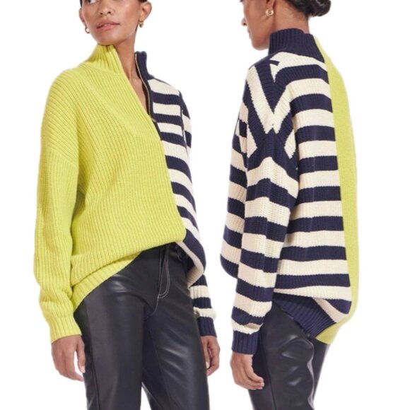 STAUD Hampton Oversized Chunky-Knit Striped Color-Block Sweater (Chartreuse) - Picture 3 of 16